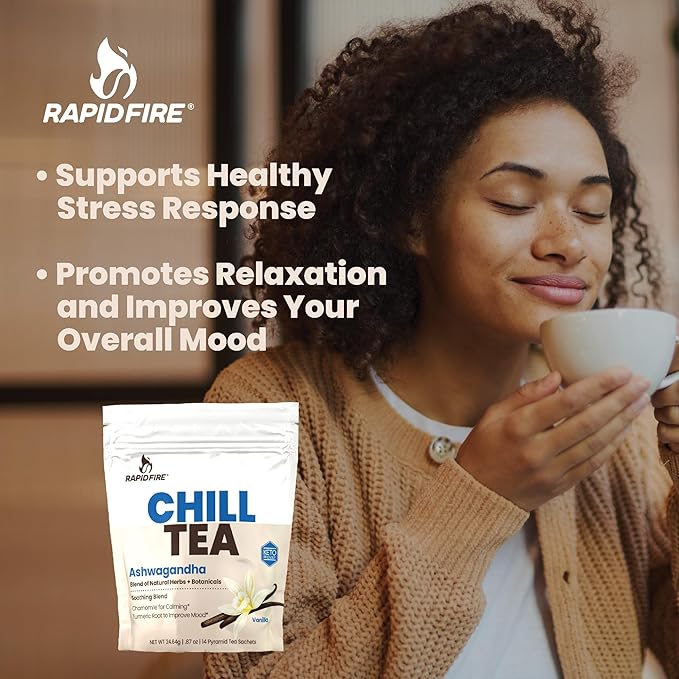 Chill Tea, Soothing Blend, Promotes Relaxation, with Ashwagandha, Chamomile, Turmeric, Stress Relief Tea, Caffeine Free, 14 Tea Bags, 14 Servings