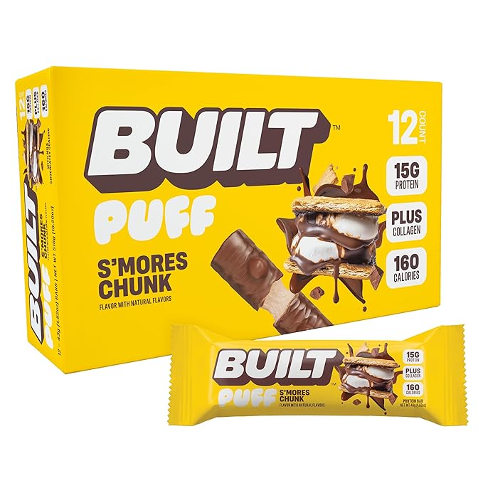 Built Bar, Puff Protein Bars, S'mores Chunk Puff, 15g Protein Snacks, On-The-Go Bars, Only 160 Calories, 9g Sugar, Collagen, Not Gluten Free, 12 Count
