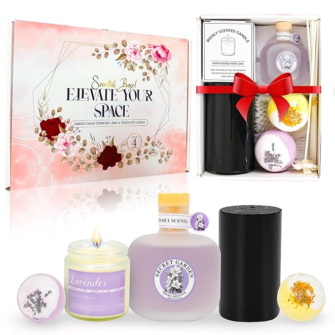 Complete Gift Box for Women Includes Bath Bombs, Candle, Reed Diffuser & Waterless Diffuser Relaxing Self Care Package Spa Gift Basket for Mom, Wife, Sister, Friend Birthday Anniversary, Holidays