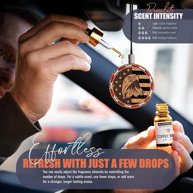 Wood Car Air Freshener — Handcrafted Air Freshener — American Flag Hanging Fragrance Oil Diffuser in Wooden Gift Box — Christmas Gift for Car with Coffee Beans Fragrance Oil - 10 ml