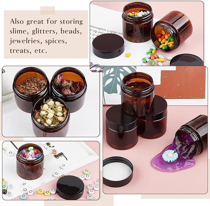 20 Pack 2 oz Amber Plastic Jars with Lids and Labels, Empty Salve Containers Refillable Cosmetic Jars for Creams, Lotion, Body Scrubs