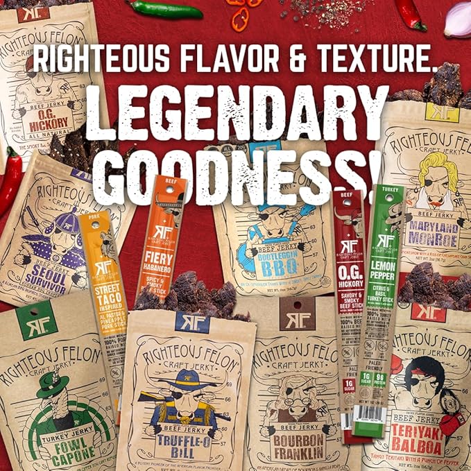 Righteous Felon Beef Jerky and Meat Sticks Variety Pack, High Protein, Low Carb, Low Sugar, Gluten Free, Healthy Snacks for Adults and Kids, Made with Premium Meats, Gifts for Men (Noah's Ark 26 Pack)
