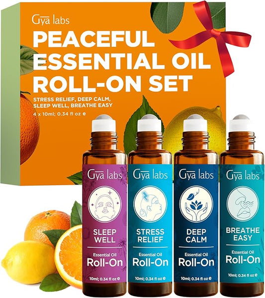 Gya Labs Peaceful Roll on Essential Oils Set - 100% Pure Natural Relaxing Gift for Women & Men - Blend for Calming, Refreshing, Stress Comfort, Aromatherapy Essential Oil Gift Set (0.34 Fl Oz Each)