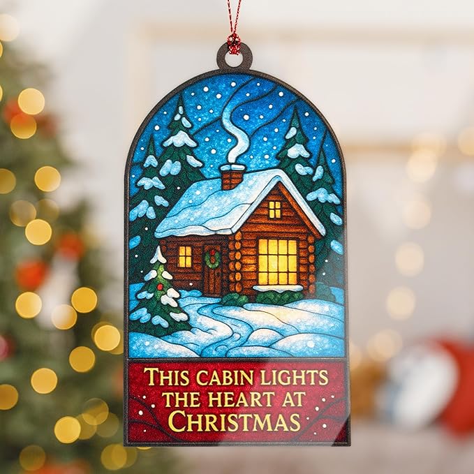 Christmas Cabin Ornament – Rustic Winter Lodge | Holiday Home Décor – Cozy Cabin Gift – Snowy Woodland Scene Card – Christmas Tree Decoration – Suncatcher Effect Window – Car Hanging