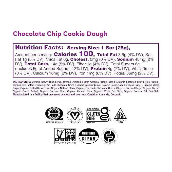 GoMacro Kids MacroBar Organic Vegan Snack Bars - Chocolate Chip Cookie Dough (0.90 Ounce Bars, 7 Count) (Pack of 2)