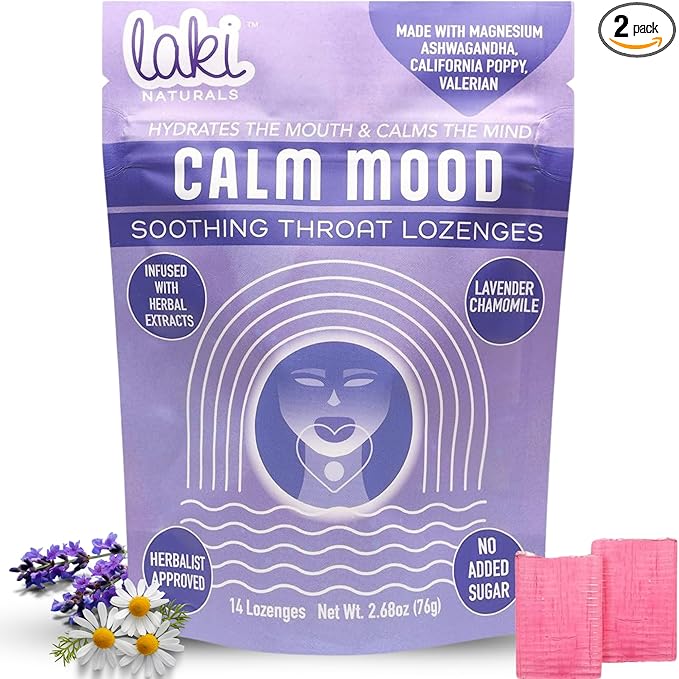 Laki Naturals Lavender Chamomile Calm Mood Functional Herbal Lozenges (2 Pack) Throat & Mood Calming Hard Candies with Magnesium, Ashwagandha, California Poppy & Valerian