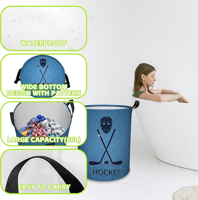 Laundry Basket Hockey Sticks Laundry Hamper Large Laundry Basket Storage Basket Tote Bag Collapsible Organizer Basket for Bathroom,Laundry,Bedroom 17.3 x16.5 Inch