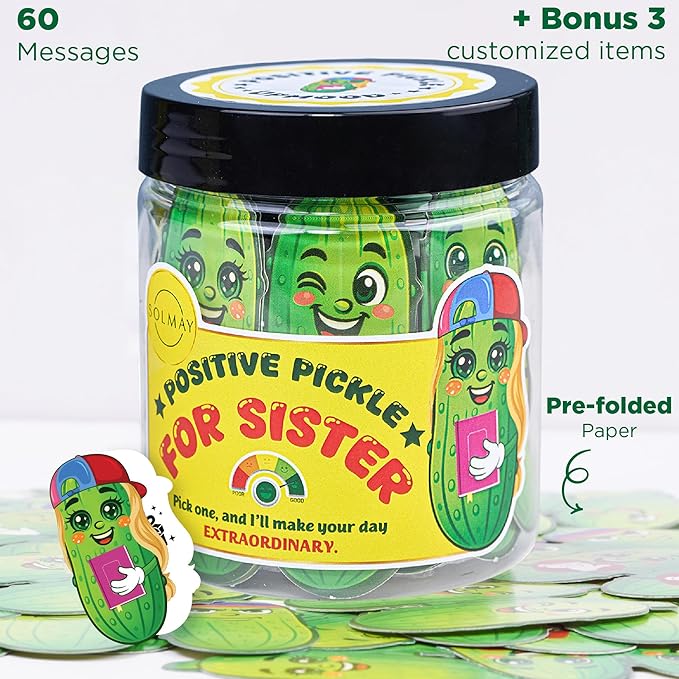 Motivational Pickle Jar for Sister β 60 Funny Affirmations & Daily Positive Notes | Quirky Gift for Women, Teens, Siblings | Self Care, Just Because Gift, Uplifting Desk Decor, Encouragement Jar