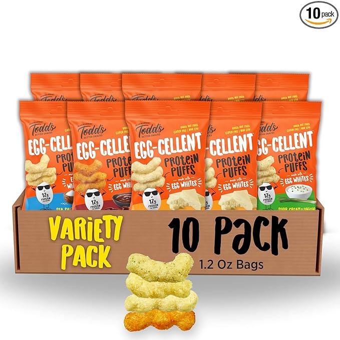 Todd's Better Snacks Egg-Cellent Protein Puffs, Variety Pack – 12g Protein, Gluten-Free, Paleo-Friendly, Baked, GLP-1 Compliant – Healthy Snack, Made with Egg Whites – 1.2 Oz (Pack of 10)