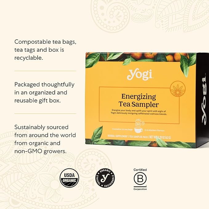 Yogi Organic Tea Energy Sampler Box (32 Tea Bags) - 8 Energizing Black & Green Teas - Contains Caffeine - Gift Set & Variety Pack