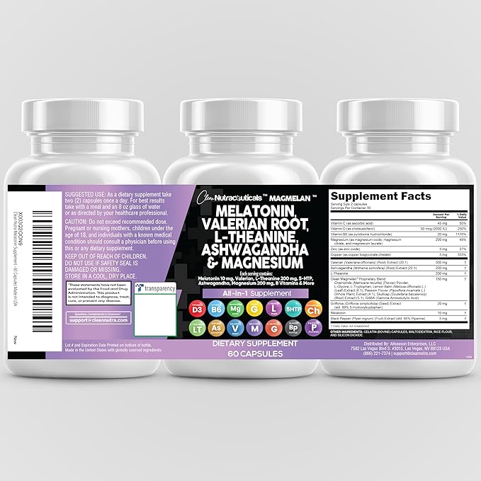 Clean Nutraceuticals Melatonin 10mg Valerian Root L Theanine 200mg Ashwagandha - Sleep Support for Women & Men with Magnesium Complex, Lemon Balm, Chamomile, & Passion Flower - 60 Caps