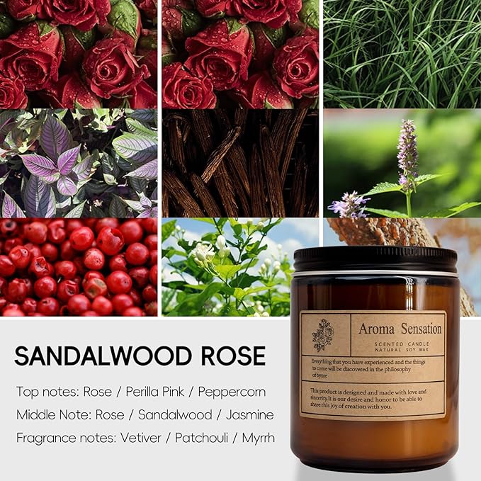 Organic Sandalwood Rose Candles - Non Toxic Soy Candles for Home, Stress Relief & Meditation (7oz)