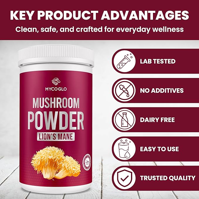 Organic Lions Mane Mushroom Powder – 100% Pure Plant-Based Superfood – Supports Focus, Clarity & Everyday Vitality – Rich in Natural Nutrients & Antioxidants – Perfect for Smoothies, Coffee & Tea