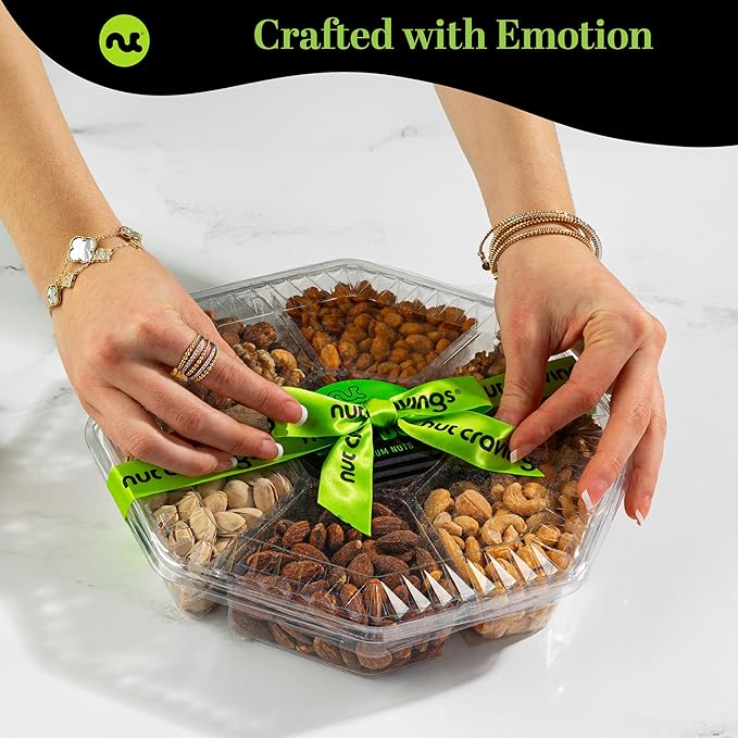NUT CRAVINGS - Diwali Sweets Hamper Mixed Nuts Gift Basket + Green Ribbon (7 Assortments, 2.2 LB) Food Arrangement, Healthy Snack Care Package, Food Assortments