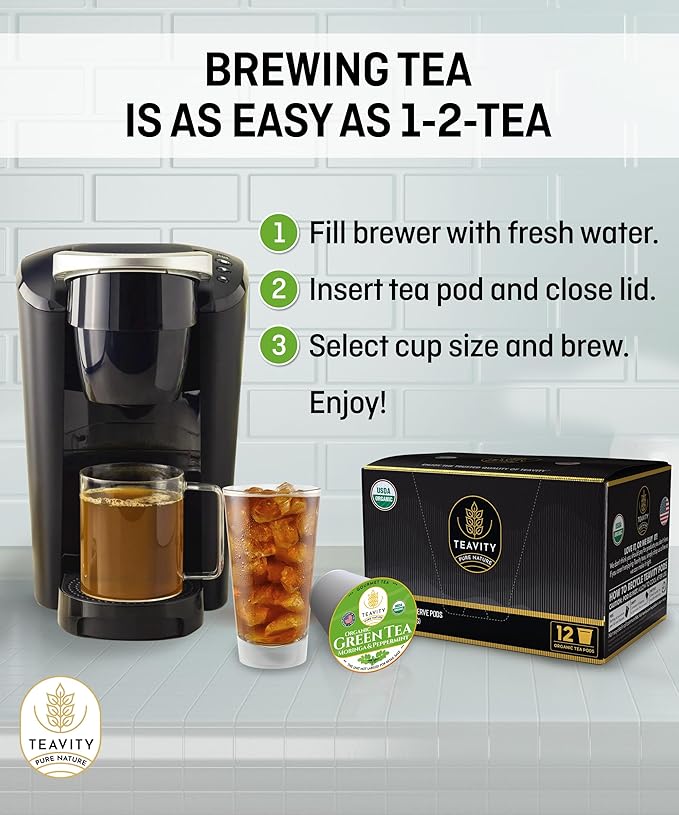 Organic Moringa Green Tea with Peppermint Tea Pods for Keurig - Naturally Caffeinated by Teavity (12 Tea Pods)