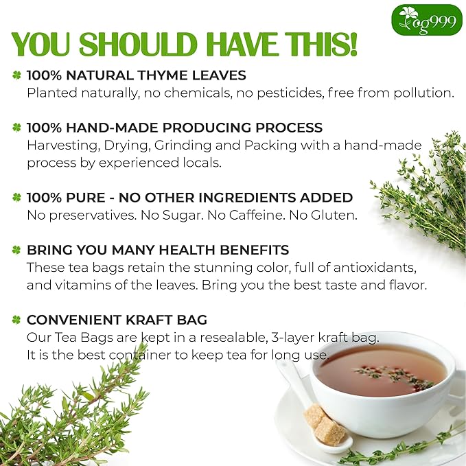 TOG999, Premium 120 Thyme Leaf Tea Bags, 100% Natural & Pure. Loose Leaf Thyme Herbal Tea. No Sugar, No Caffeine, No Gluten, Vegan.