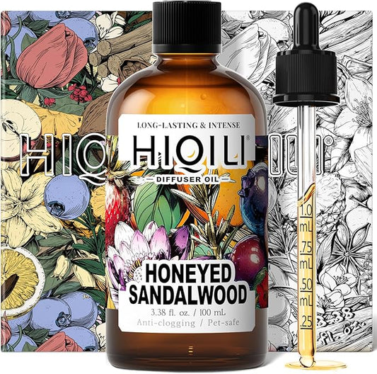 HIQILI Honeyed Sandalwood Diffuser Oil for Car Air fresheners, Ultrasonic or Reed Diffuser, Relaxing & Cozy, Hotel Scent - 3.38 Fl Oz