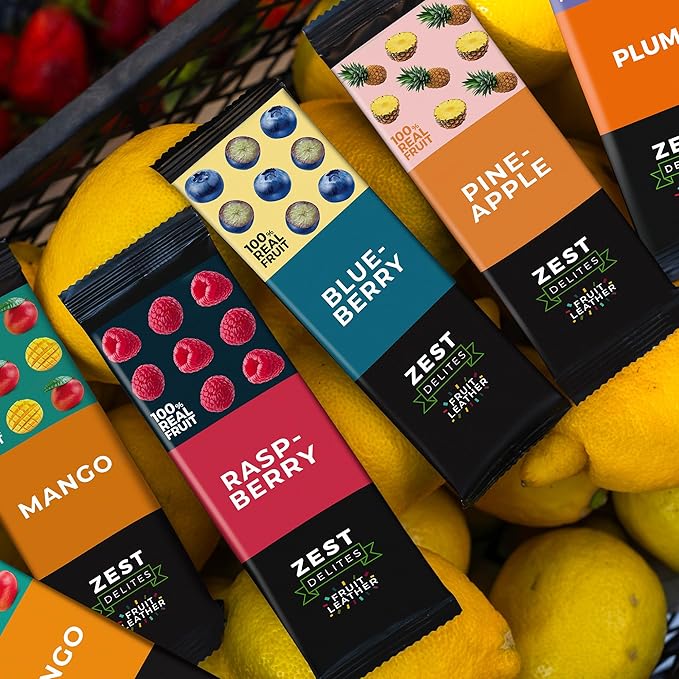 Fruit Snacks by Zest Delites, Fruit Leather Bars, Healthy Snacks for Adults & Kids, Vegan, Dried Apple-Based Pineapple, Mango, Blueberry, Raspberry Strips 0.88 oz x 36