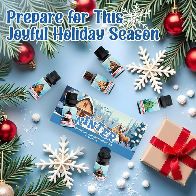 Winter Essential Oil Set, 6x10ml Fragrance Oils for Diffuser & Candle Making - Christmas Wreath, Gingerbread, Sugar Cookies, Hot Chocolate, Peppermint, Cinnamon Aromatherapy Oils for Home