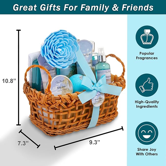 Spa Baskets For Women - Luxury Bath Set With Ocean & Coconut - Spa Kit Includes Wash, Bubble Bath, Lotion, Bath Salts, Body Scrub, Body Spray, Shower Puff, Bathbombs, Soap and Towel