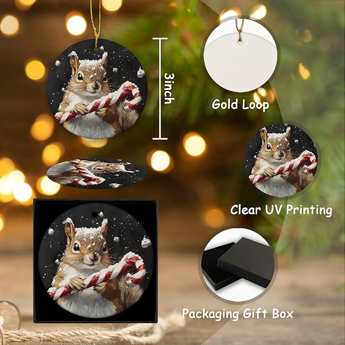 Christmas Squirrel Ceramic Ornament Gifts, Retro Rustic Winter Christmas Squirrel Decorative Hanging Ornaments for Xmas Tree Holiday Party Decoration, Animal Xmas Tree Decorations