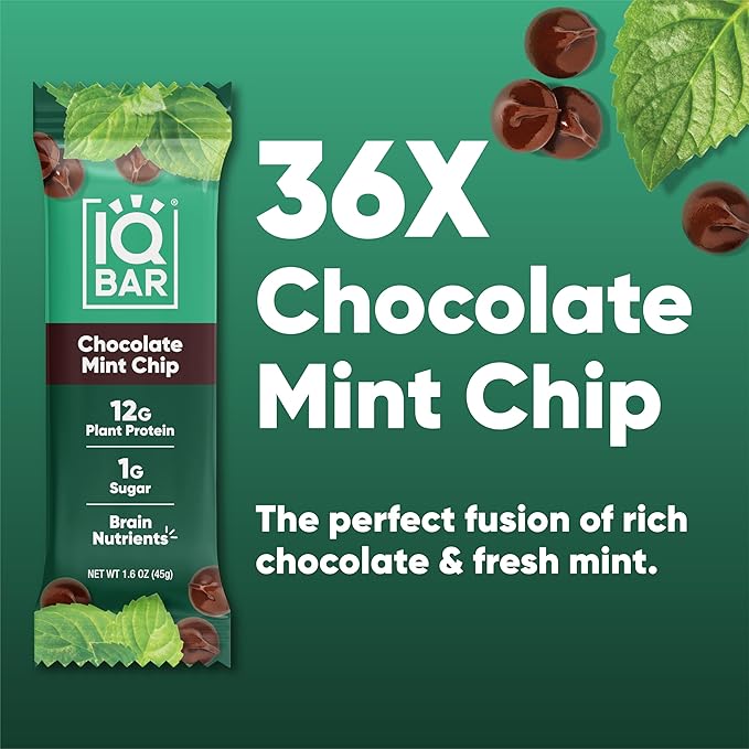 IQBAR Brain and Body Plant Protein Bars - Chocolate Mint Chip - 36-Count - Keto, Vegan, Low Carb, High Fiber, Gluten Free, Dairy Free, Low Sugar Snack with Nutrients for Focus, Energy, Meal Replacement