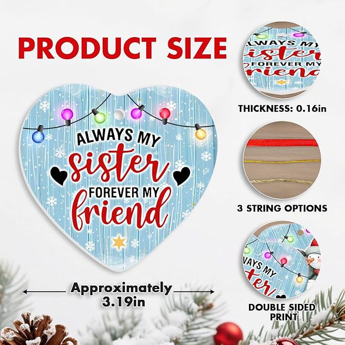 1pc 2 Side Printed My Sister Forever My Friend Ceramic Ornament 2025, Heart-Shaped Christmas Tree, Cute Keepsake Decoration
