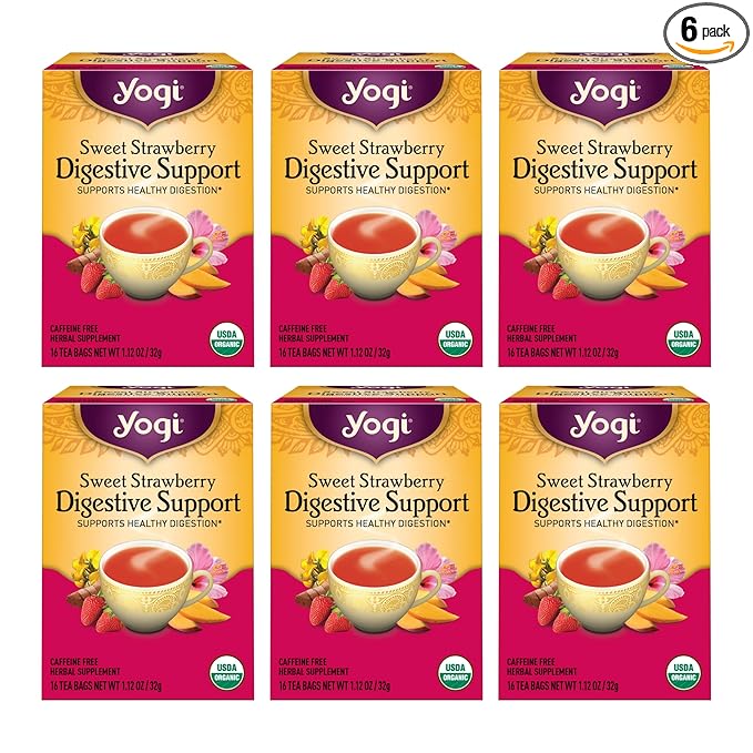 Yogi Tea Sweet Strawberry Digestive Support - 16 Tea Bags per Pack (6 Pack) - Organic Turmeric Tea Bags - Digestive Support Tea - Includes Turmeric Root, Black Pepper, Strawberry, Mango & More