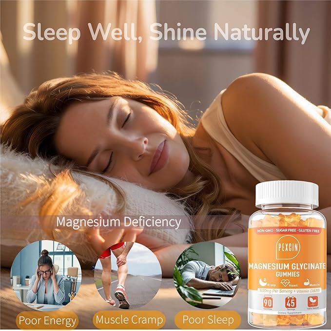 Magnesium Glycinate Gummies for Adults & Kids, 1000mg High Absorption Magnesium Complex Supplement, Sugar Free with Potassium,Vitamin D&B6 for Calm, Better Sleep - 90 Counts Orange