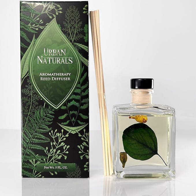 Urban Naturals Sandalwood & Eucalyptus Reed Diffuser Set – Made with Essential Oils & Real Botanicals – Sleek Rectangular Refillable Glass Bottle – Made in The USA