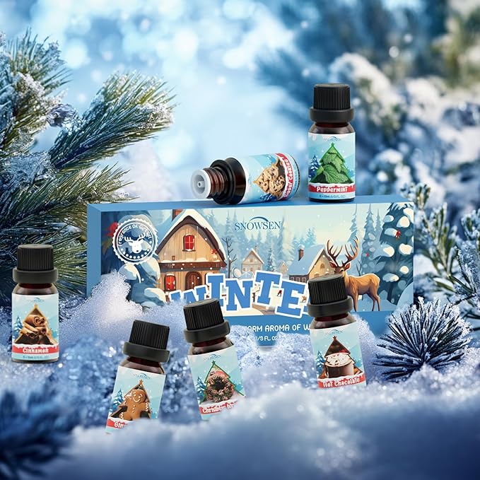 Winter Essential Oil Set, 6x10ml Fragrance Oils for Diffuser & Candle Making - Christmas Wreath, Gingerbread, Sugar Cookies, Hot Chocolate, Peppermint, Cinnamon Aromatherapy Oils for Home