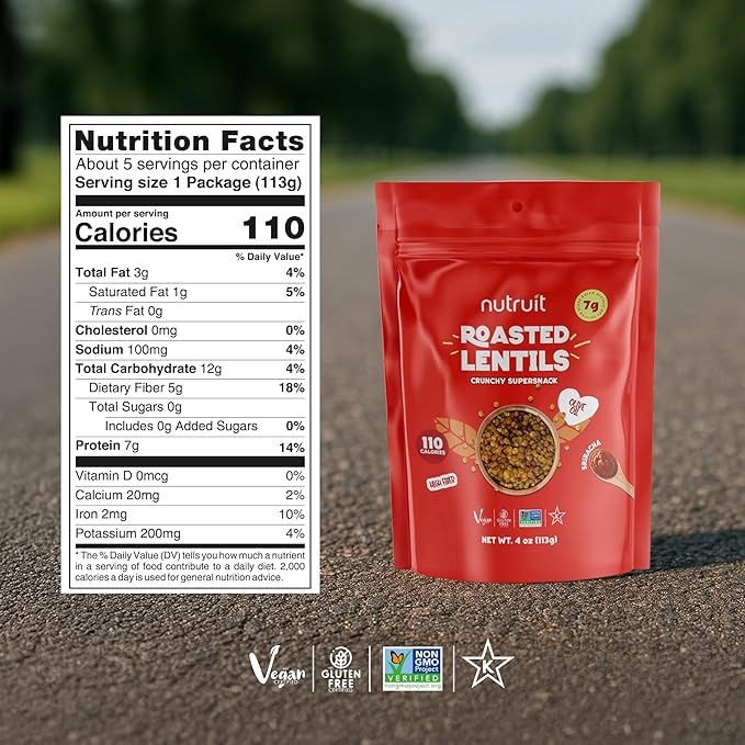 Nutruit Roasted Lentil Snacks - Tasty Snack Box with Vegan, Gluten Free, Non-GMO, High Protein, Low Calorie, Healthy On-The-Go Low Calorie Lentils Snacks - 4oz Packs (8-Pack Box) (8 Pack, Sriracha)