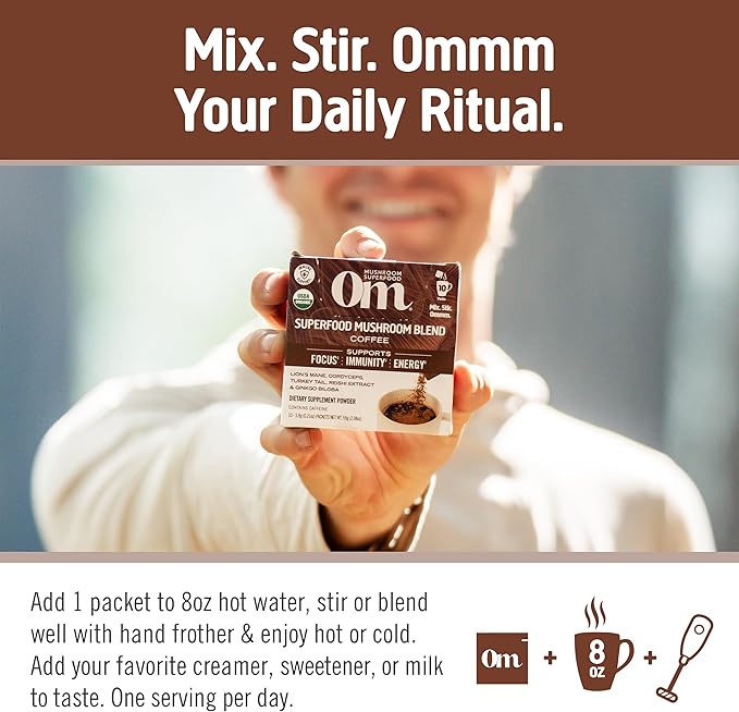 OM MUSHROOM SUPERFOOD Coffee Blend Mushroom Powder, Single Serve, 10 Count, Organic Arabica Beans, Lion's Mane, Cordyceps, Turkey Tail, Reishi Extract, Ginkgo Biloba, Supports Energy and Focus