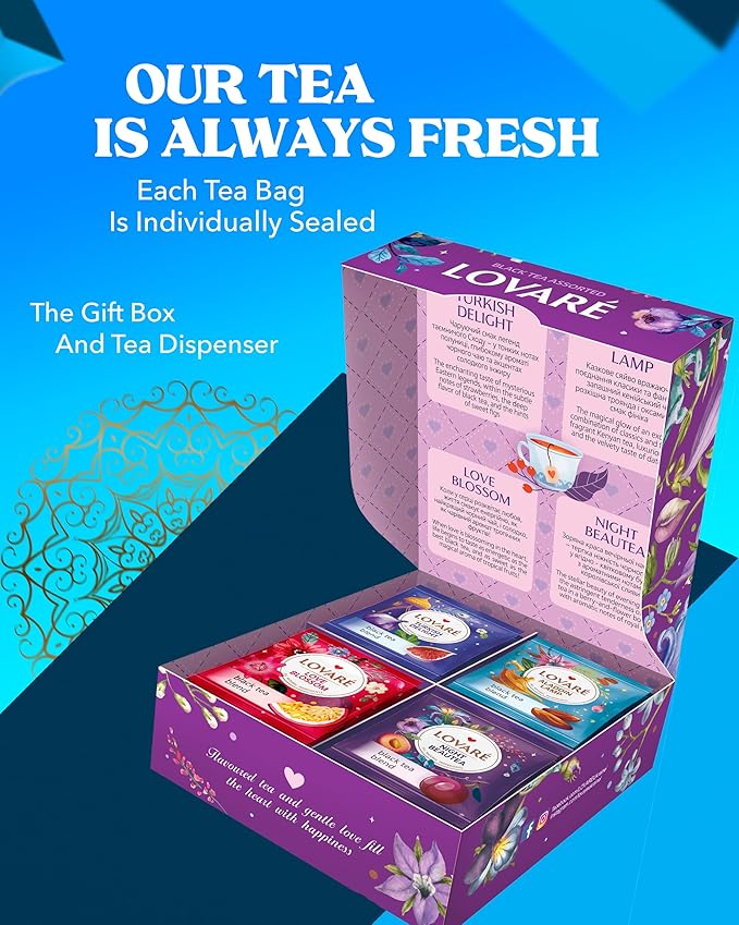 LOVARE Oriental Assorted Tea Variety Pack 32 Pack - Made in Ukraine - Tea Bags Individually Wrapped - Turkish Delight, Aladdin Lamp, Love Blossom, Night Beautea - Assorted Tea Bags Variety Pack