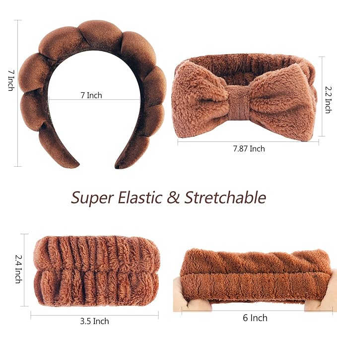 VELSCRUN Spa Headband, Makeup Face Wash Skincare Headbands, 6 Pcs Coffee Color Sponge Bow Tie Get Ready HairBand Facial Wristband Set, Stuff for Teen Girls Women Trendy Fashion Hair Accessories
