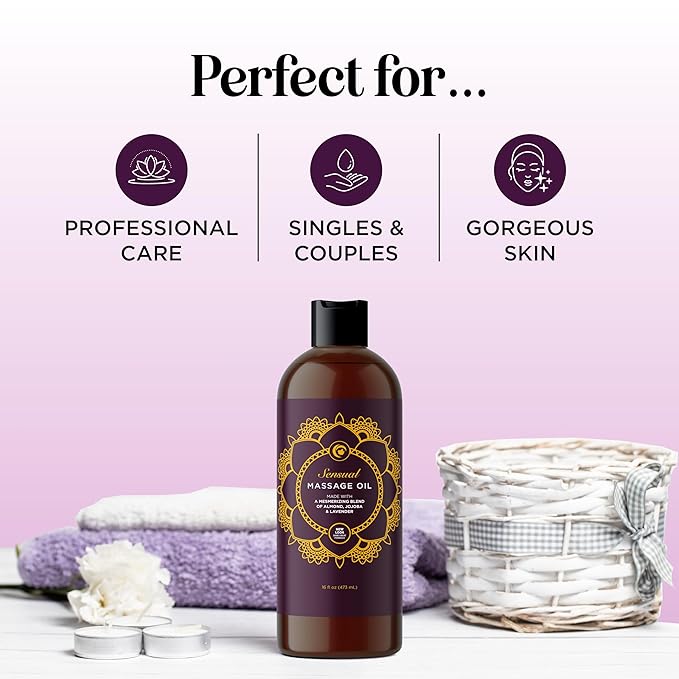 Aromatherapy Sensual Massage Oil for Couples - Relaxing Lavender Massaging Oil for Massage Therapy with Vitamin E Jojoba & Sweet Almond - Naturally Scented Vegan Non GMO & Gluten Free (16 Fl Oz)