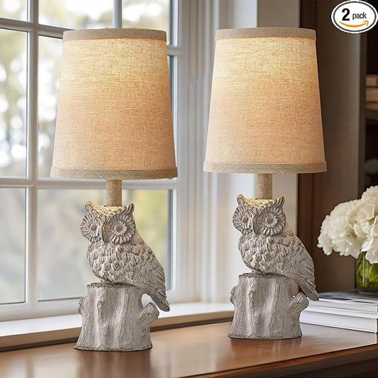 14.25" Small Table Lamps Set of 2 Owl Lamps for Home Decor Rustic Farmhouse Vintage Bedside Table Resin Retro Nightstand, White