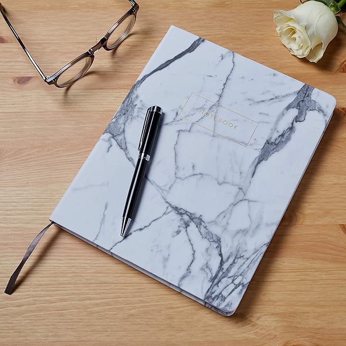 Eccolo Large Lined Journal Notebook, Hardbound Cover, Writing Journal, 256 Ruled White Pages, Ribbon Bookmark, Lay Flat, Desk Size for Work or School, White Marble (8x10 inches)