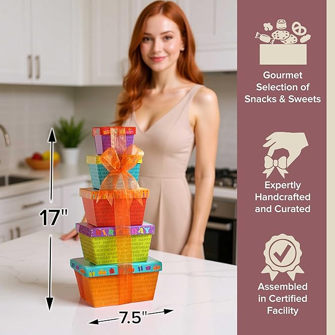 Broadway Basketeers Birthday Gift Basket Tower for Women, Men, Mom, Dad, Her, Him, Kids, Families – Curated Snack Box, Sweet and Savory Treats for Parties