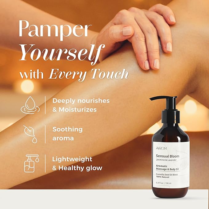 AiROM Jasmine & Lavender Massage Oil for Massage Therapy - Scented Body Oil for Women – Hypoallergenic, Relaxing Aromatherapy, Non-Greasy, Spa Quality, Nut-Free - 6.4 fl oz