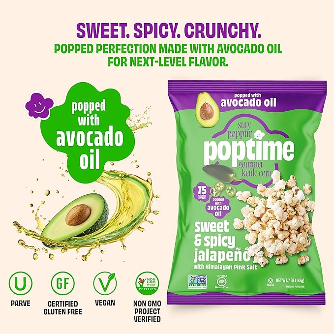 Poptime Popcorn Snack Bags – Sweet & Spicy Jalapeno & Himalayan Pink Salt Kettle Corn Popcorn Bags, Healthy Snack With Avocado Oil, Gluten Free, Vegan, Low Calorie, Non-GMO, Kosher - 7 oz - Pack 4