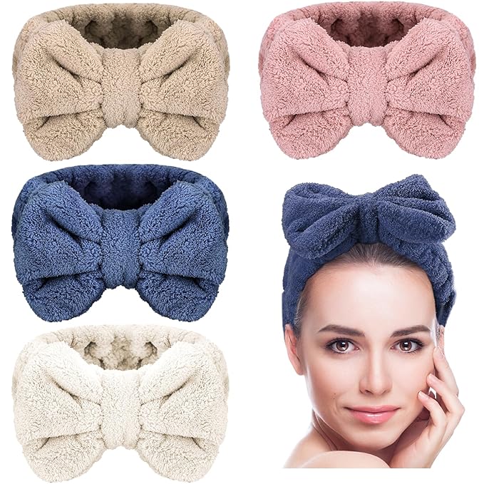 4 Pack Makeup Spa Headband Microfiber Bow Towel Soft Fluffy Washing Face Headband for Women Girls Shower Bath Skincare (White, Blue, Pink, Brown)