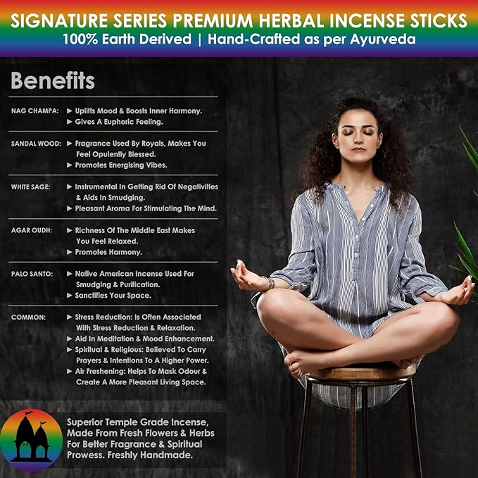 Simply Vedic Signature Incense Sticks Gift Set | 120 Natural Hand-Rolled Non-Toxic Agarbatti with Holder | Sandalwood, Nag Champa, Oudh, Palo Santo, Lavender, Sag | Aromatherapy Meditation Pooja Home