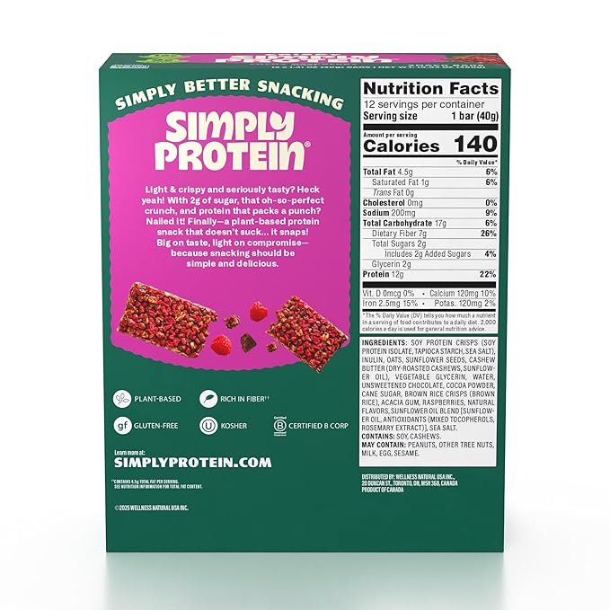 Simply Protein - Cocoa Raspberry Crispy Bars - Plant Based Protein Bars - Low Carb, Low Sugar, High Fiber - 13g Protein, 2g Sugar, 7g Fiber - Vegan, Gluten Free, Non GMO, Kosher - 12 Bars