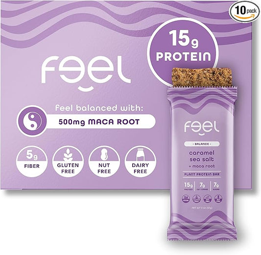 Feel Vegan Protein Bars | Caramel Sea Salt | Keto | Gluten Free | Organic | Maca Root | 15g Plant Protein | Low Carb | High Protein | Dairy Free | Low Sugar | Nut, Grain, Soy Free | 10 Pack