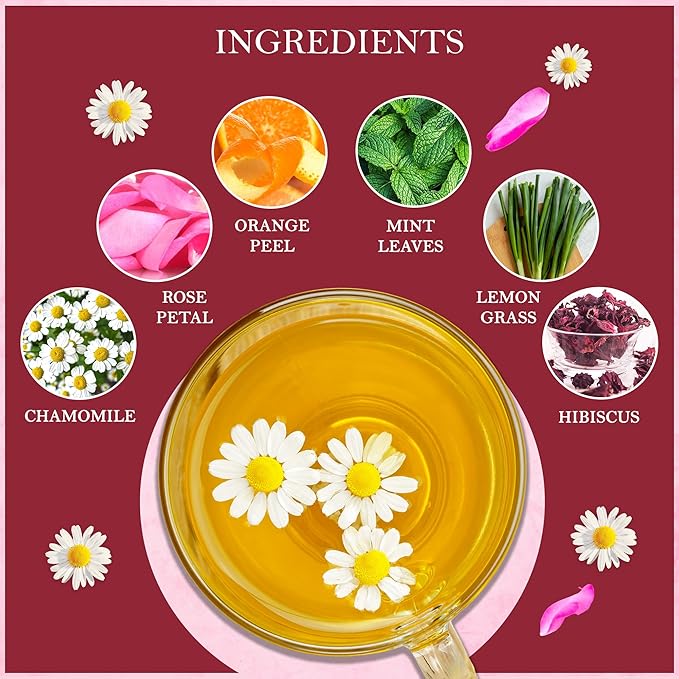 Tealeaf & Co. Chamomile Rose Citrus Herbal Tea Bags - Organic Chamomile Tea Bags with Rose Petals, Orange Peel, Lemon Grass, Hibiscus & Mint Leaves - Low Caffeine - Gluten Free - 50 Teabags