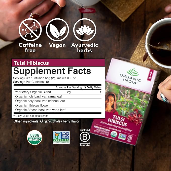 ORGANIC INDIA Tulsi Hibiscus Tea Bags - Holy Basil Herbal Tea, Stress Relieving, Calming, Immune Support, USDA Organic, Caffeine Free -18 Bags, 3 Pack