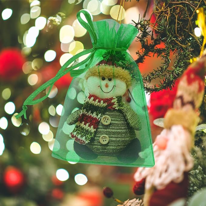 50 Pcs 3x4 Inch Christmas Green Organza Bags, Mesh Bags Drawstring Small Pouch Bag for Christmas Gift Party Favor Wedding