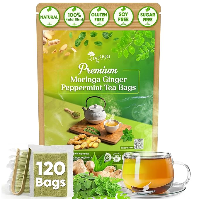 TOG999, Premium Moringa Ginger Peppermint Herbal Tea ā 120 Tea Bags ā Caffeine-Free, Plant-Based, Non-GMO, Naturally Refreshing Flavor, No Artificial Additives, No Sugar, No Gluten. Vegan