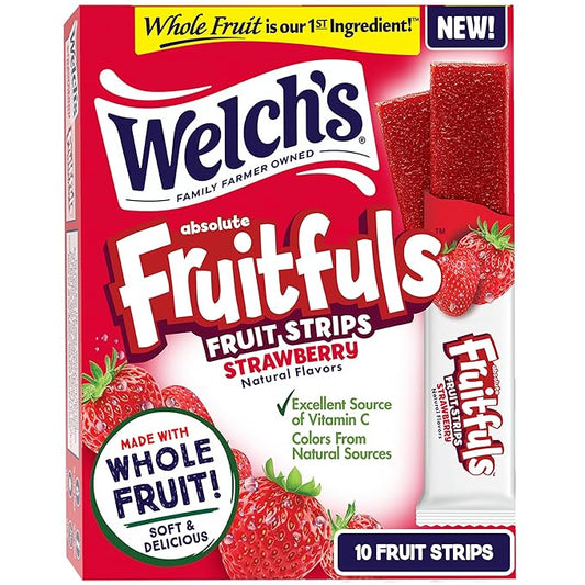 Welch’s Absolute Fruitfuls Fruit Strips, Tasty Dried Fruit Snacks for School Lunches, Strawberry, 0.5oz (Pack of 10)